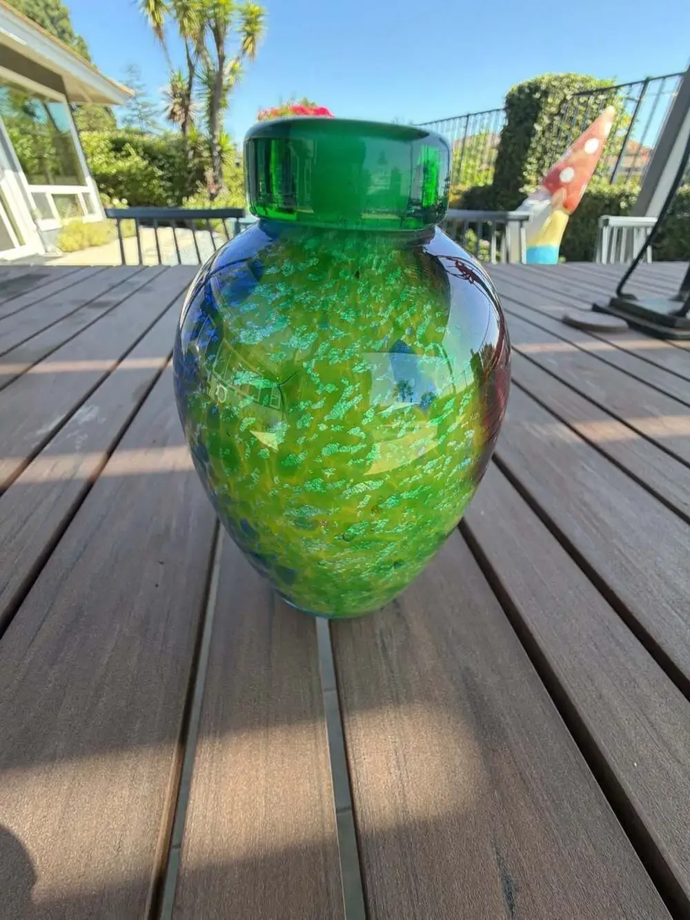 Franco Moretti Murano Art Glass Vase Green Red Blue with Gold Sparkles